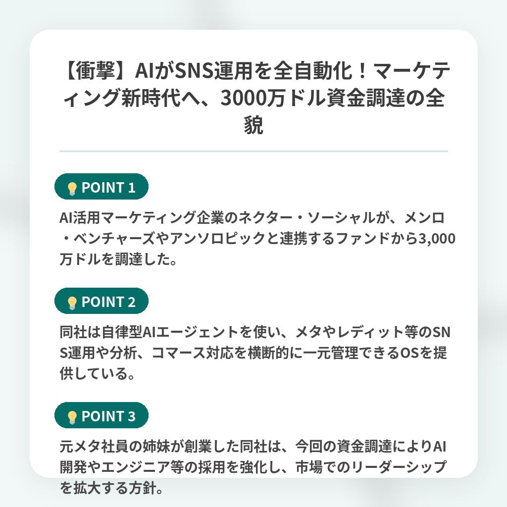 【衝撃】AIがSNS運用を全自動化!マーケティング新時代へ、3000万ドル資金調達の全貌の注目ポイントまとめ