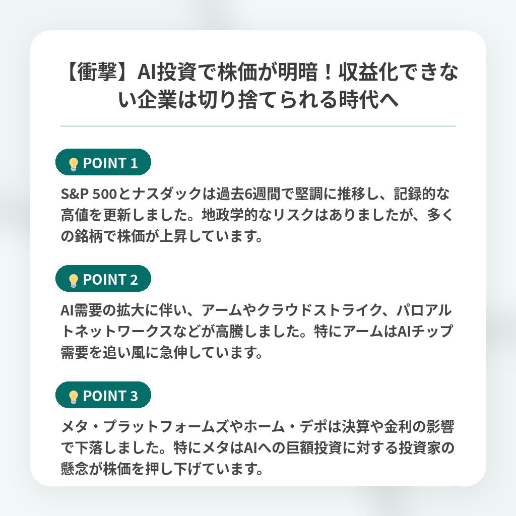 【衝撃】AI投資で株価が明暗!収益化できない企業は切り捨てられる時代への注目ポイントまとめ