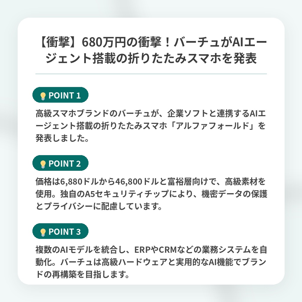 【衝撃】680万円の衝撃！バーチュがAIエージェント搭載の折りたたみスマホを発表の注目ポイントまとめ