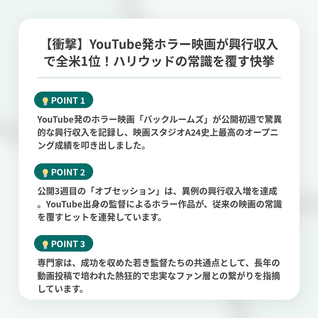 【衝撃】YouTube発ホラー映画が興行収入で全米1位!ハリウッドの常識を覆す快挙の注目ポイントまとめ