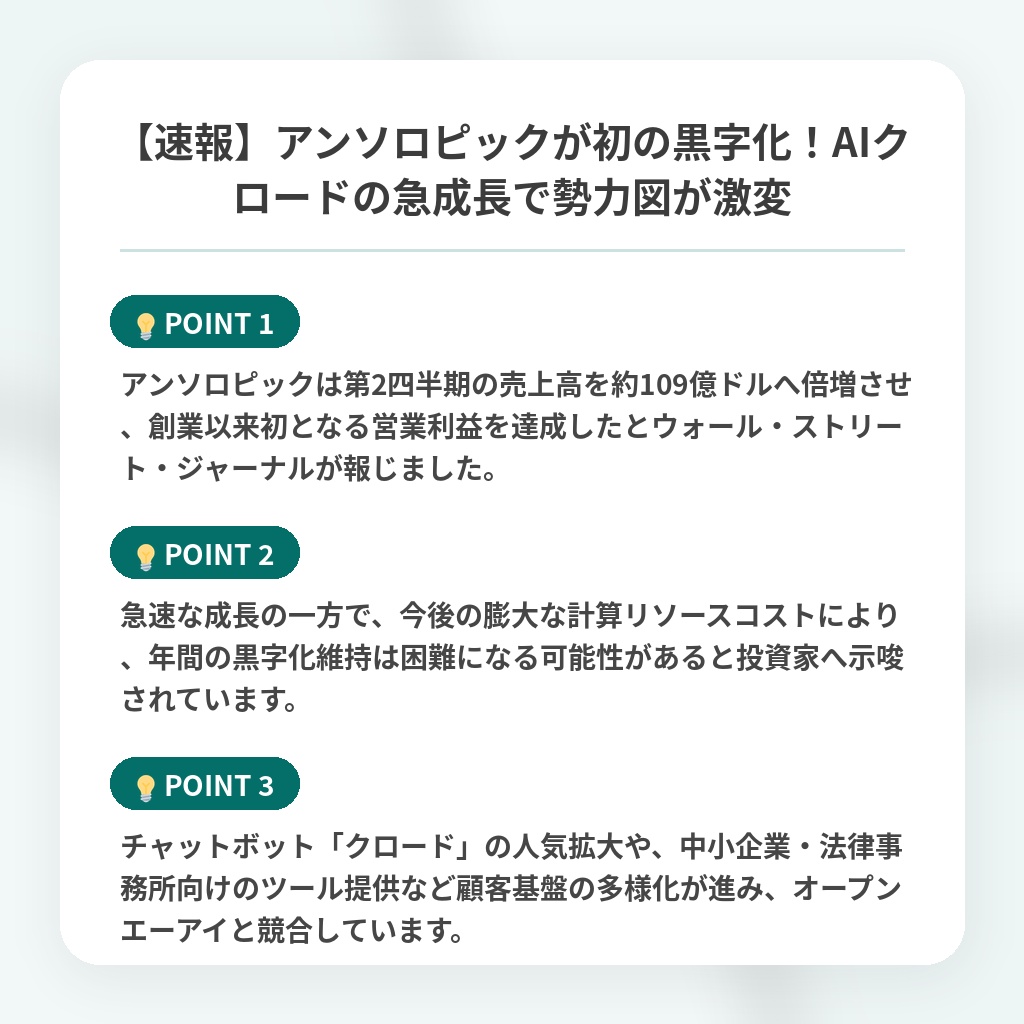 【速報】アンソロピックが初の黒字化！AIクロードの急成長で勢力図が激変の注目ポイントまとめ
