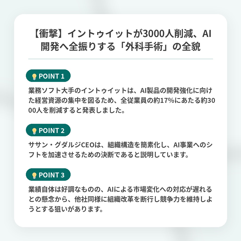 【衝撃】イントゥイットが3000人削減、AI開発へ全振りする「外科手術」の全貌の注目ポイントまとめ