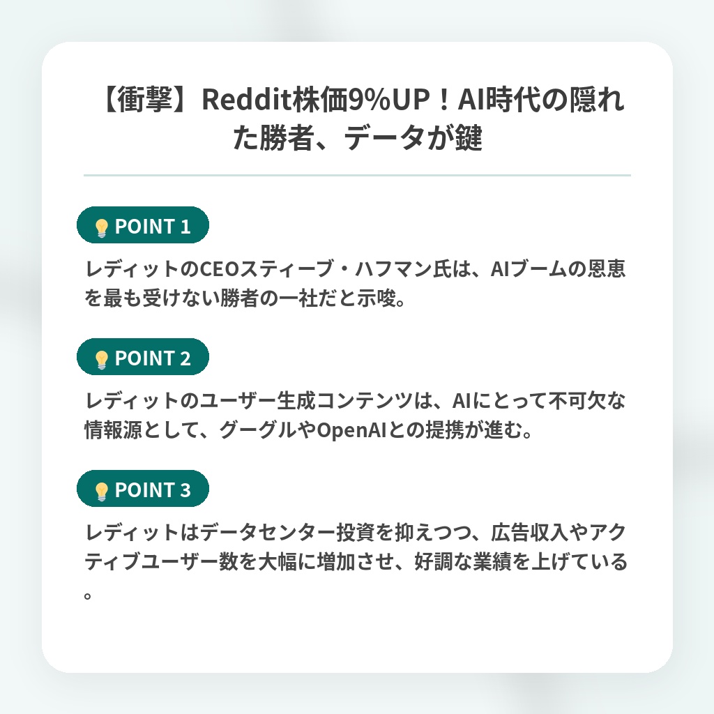 【衝撃】Reddit株価9%UP！AI時代の隠れた勝者、データが鍵の注目ポイントまとめ