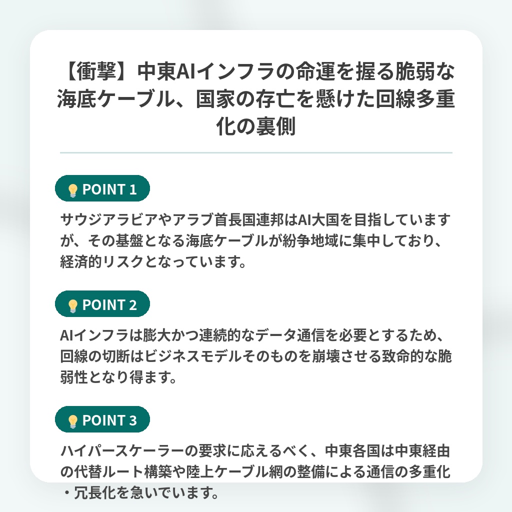 【衝撃】中東AIインフラの命運を握る脆弱な海底ケーブル、国家の存亡を懸けた回線多重化の裏側の注目ポイントまとめ