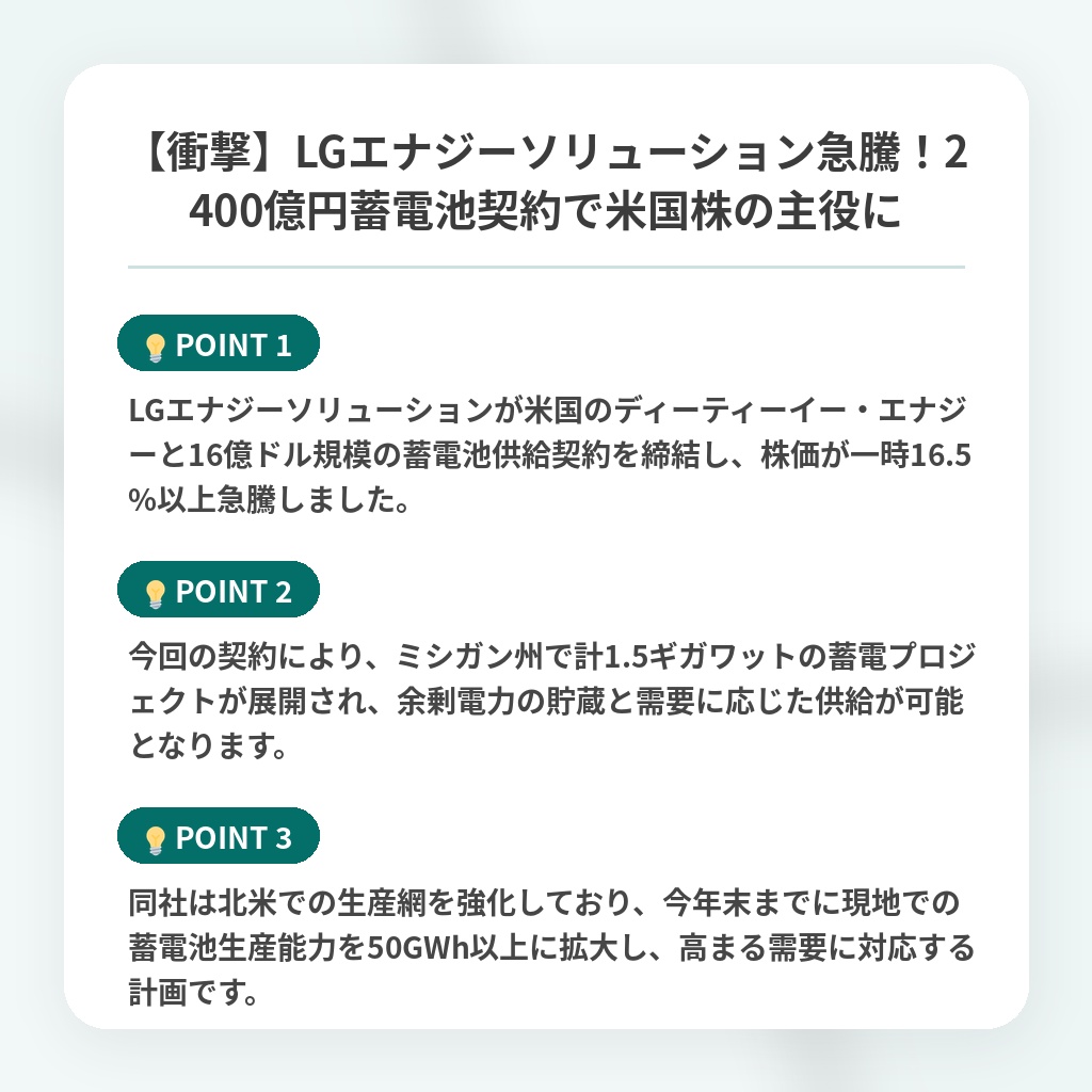 【衝撃】LGエナジーソリューション急騰！2400億円蓄電池契約で米国株の主役にの注目ポイントまとめ