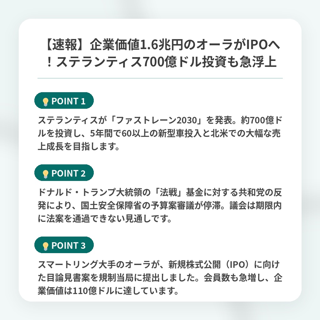 【速報】企業価値1.6兆円のオーラがIPOへ！ステランティス700億ドル投資も急浮上の注目ポイントまとめ