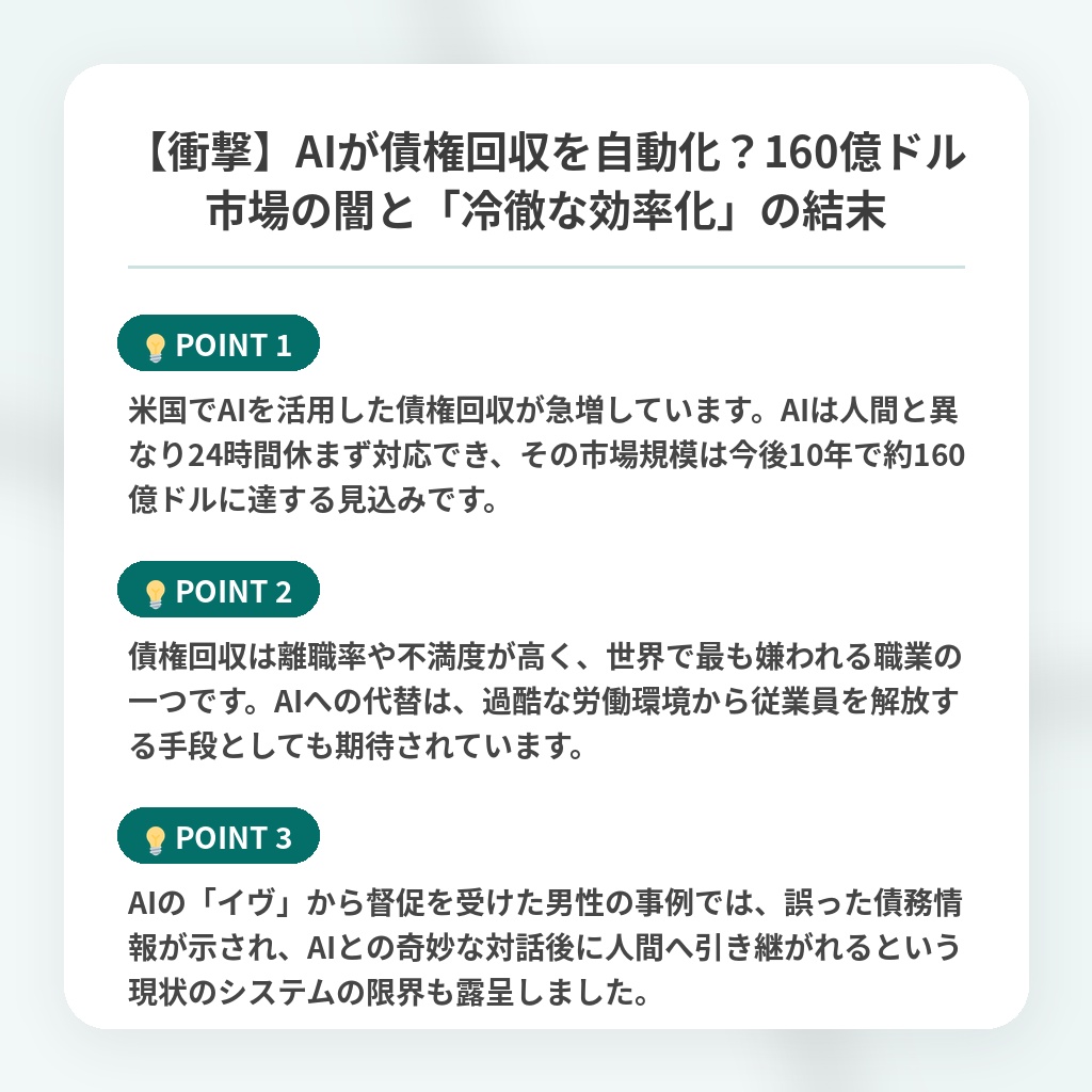【衝撃】AIが債権回収を自動化？160億ドル市場の闇と「冷徹な効率化」の結末の注目ポイントまとめ