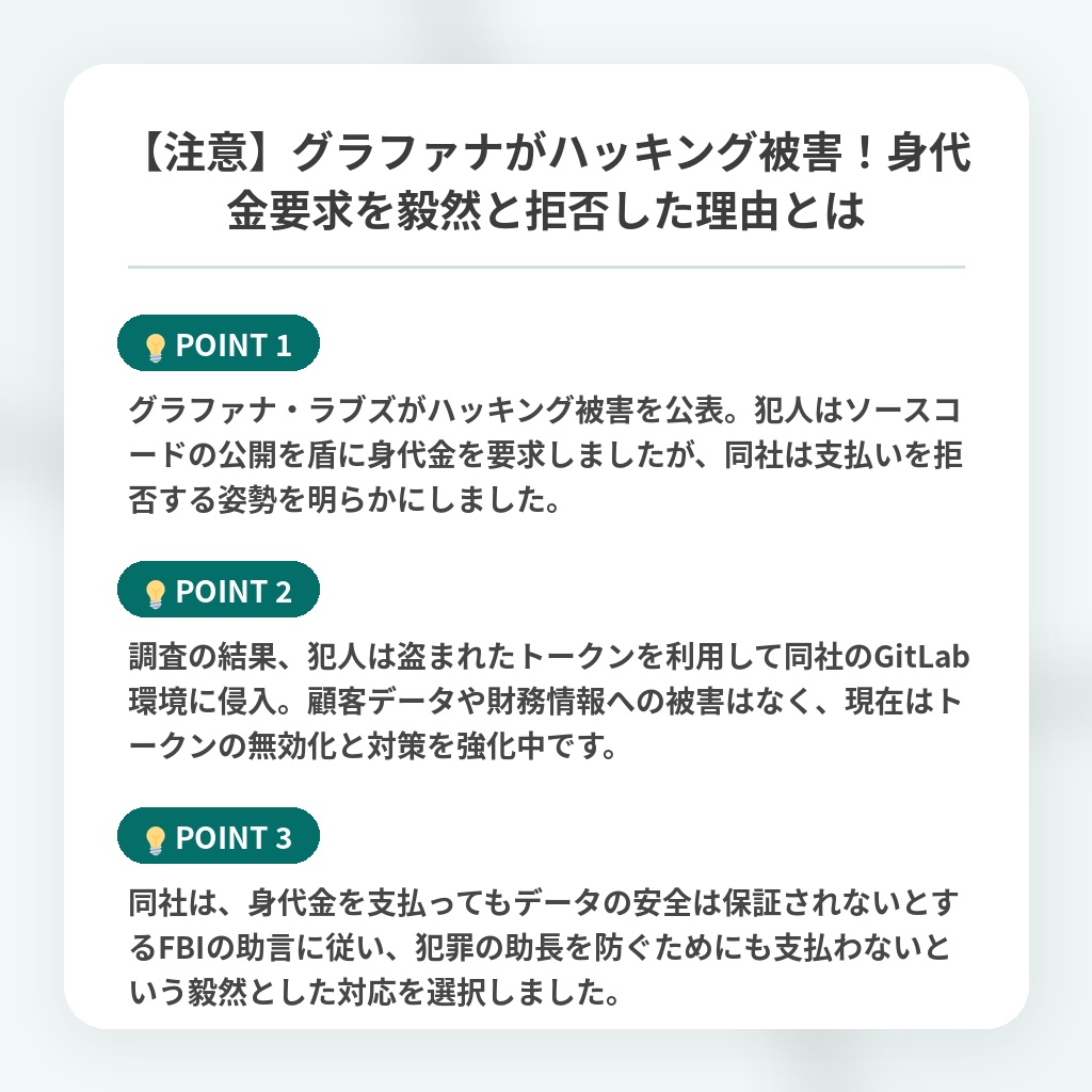 【注意】グラファナがハッキング被害！身代金要求を毅然と拒否した理由とはの注目ポイントまとめ