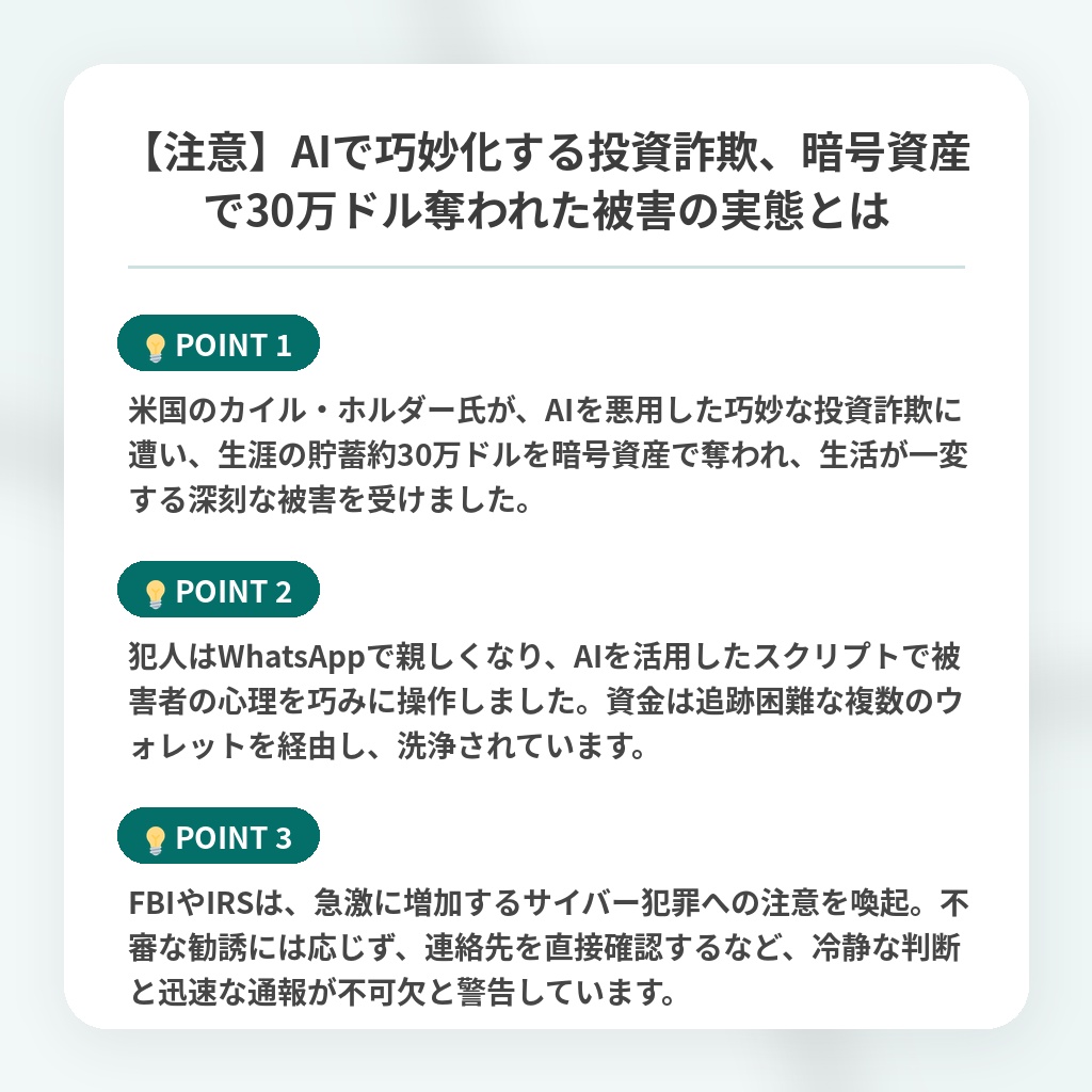 【注意】AIで巧妙化する投資詐欺、暗号資産で30万ドル奪われた被害の実態とはの注目ポイントまとめ
