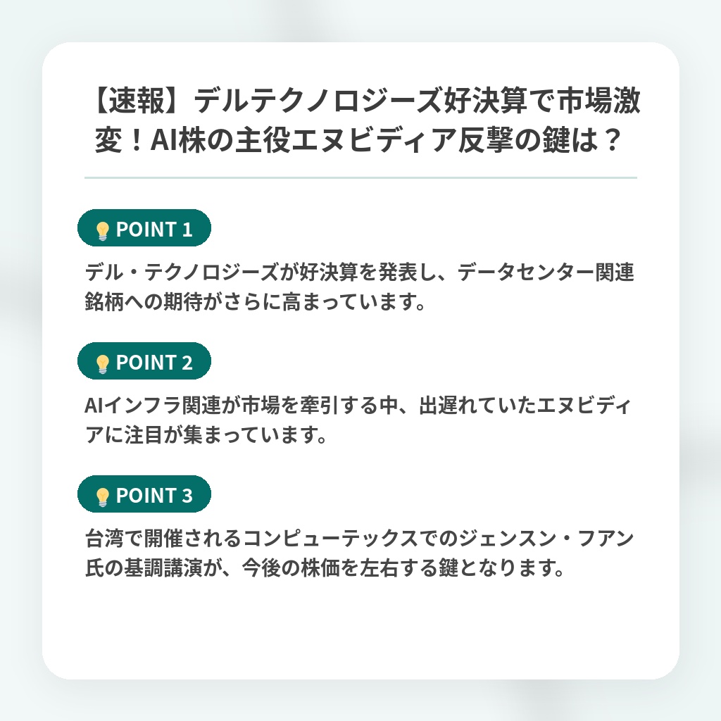 【速報】デルテクノロジーズ好決算で市場激変！AI株の主役エヌビディア反撃の鍵は？の注目ポイントまとめ