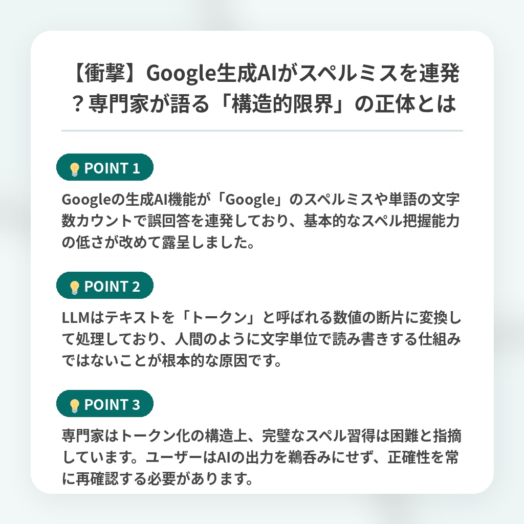 【衝撃】Google生成AIがスペルミスを連発？専門家が語る「構造的限界」の正体とはの注目ポイントまとめ