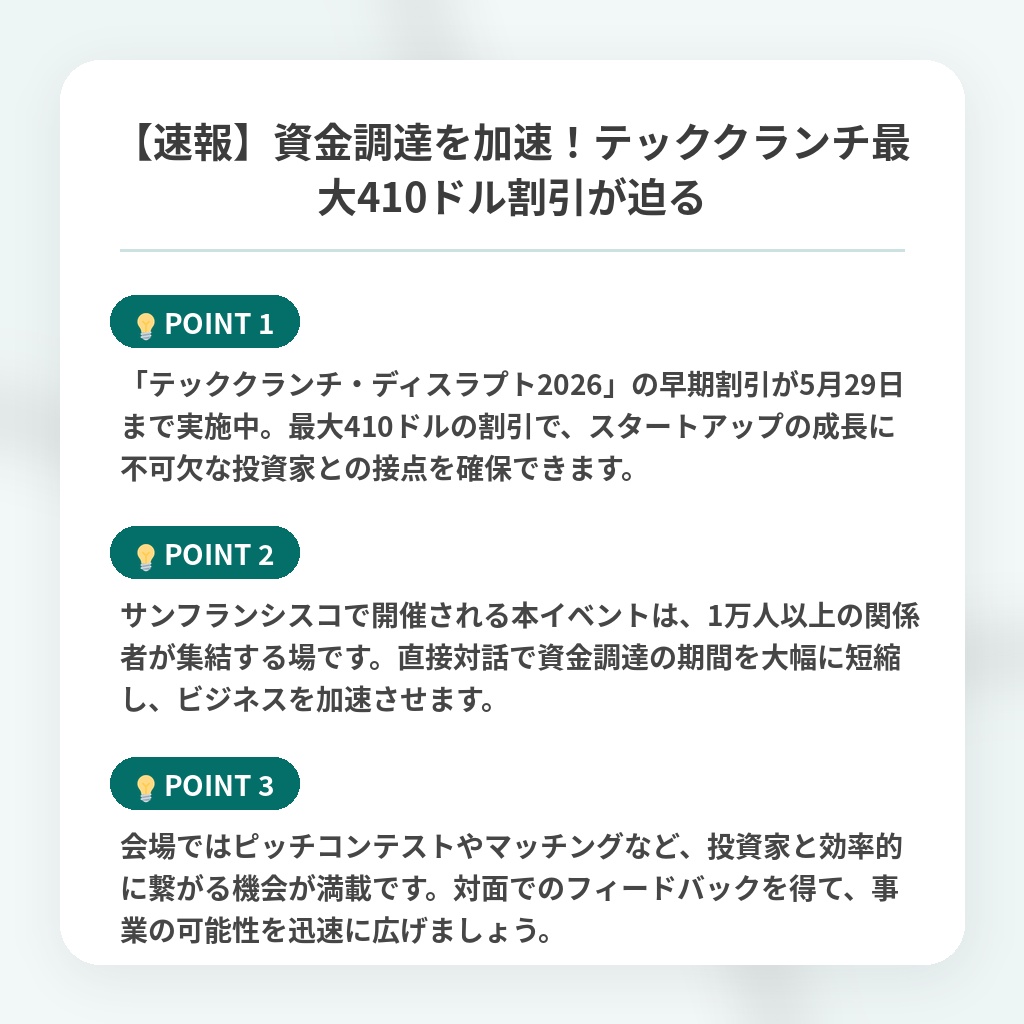 【速報】資金調達を加速!テッククランチ最大410ドル割引が迫るの注目ポイントまとめ