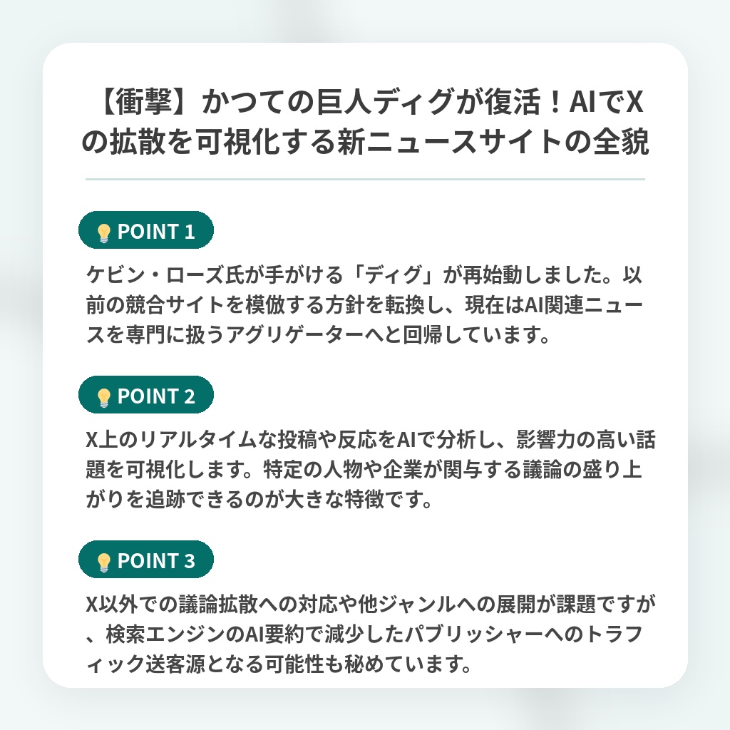 【衝撃】かつての巨人ディグが復活!AIでXの拡散を可視化する新ニュースサイトの全貌の注目ポイントまとめ