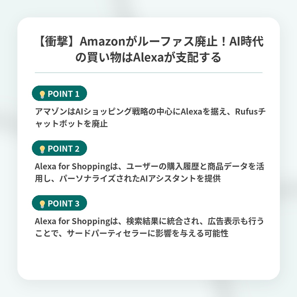 【衝撃】Amazonがルーファス廃止!AI時代の買い物はAlexaが支配するの注目ポイントまとめ