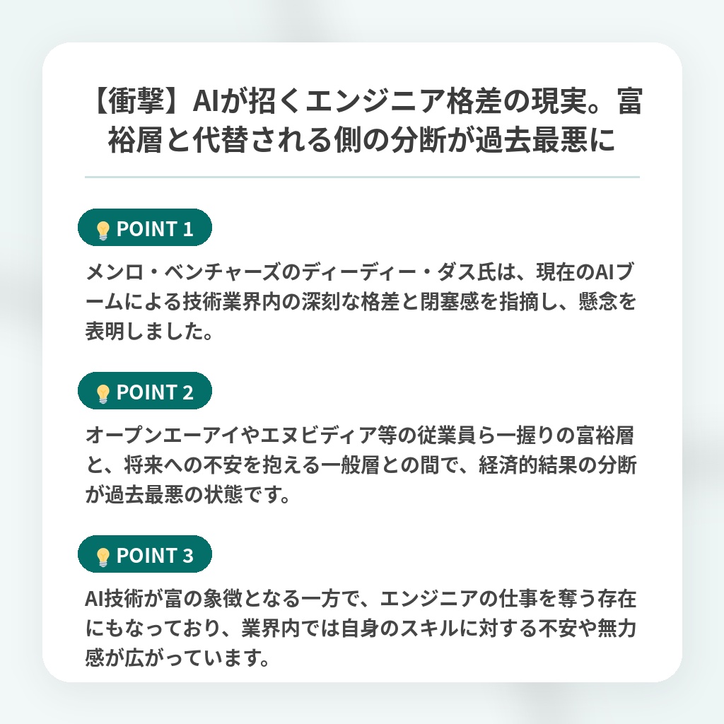 【衝撃】AIが招くエンジニア格差の現実。富裕層と代替される側の分断が過去最悪にの注目ポイントまとめ