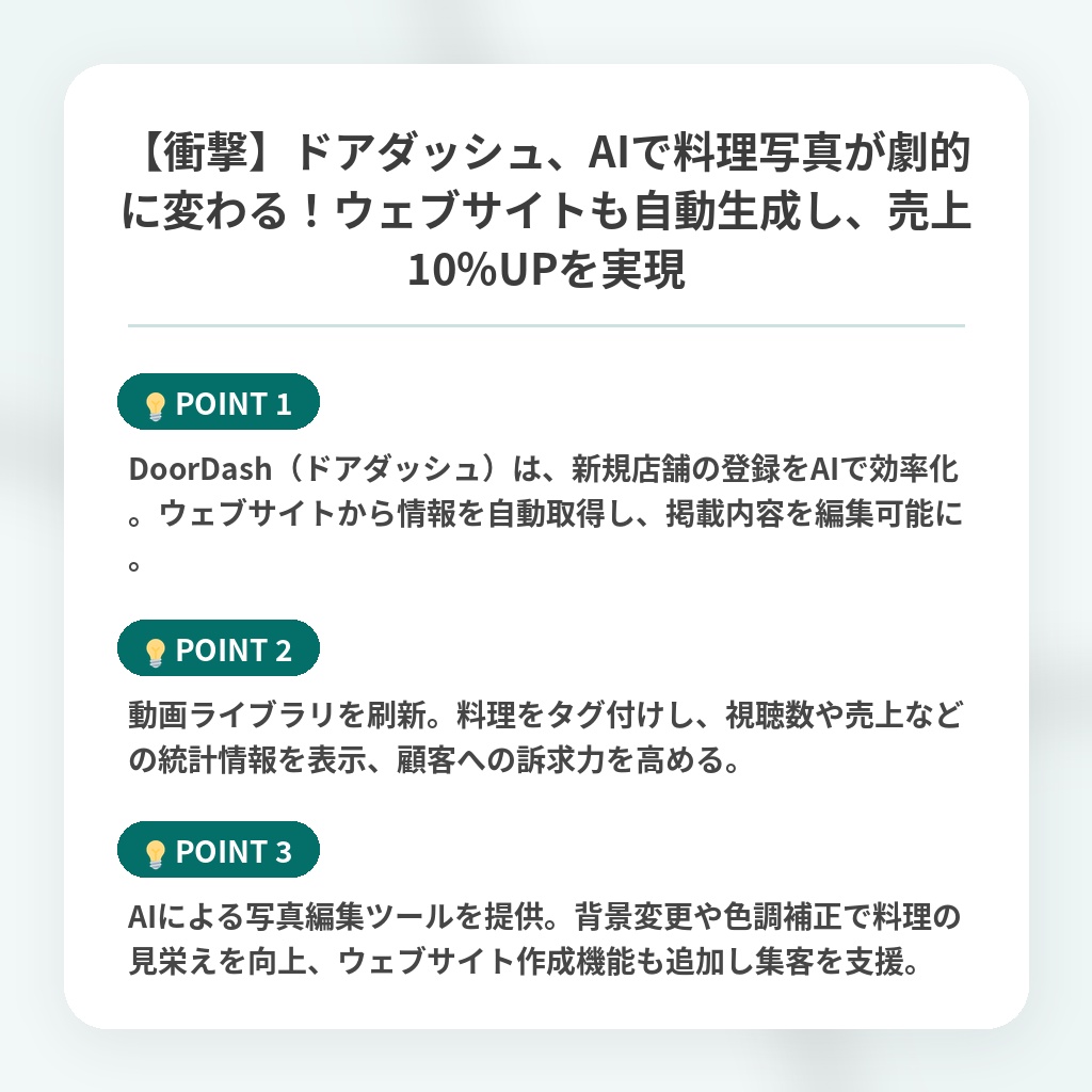 【衝撃】ドアダッシュ、AIで料理写真が劇的に変わる！ウェブサイトも自動生成し、売上10%UPを実現の注目ポイントまとめ