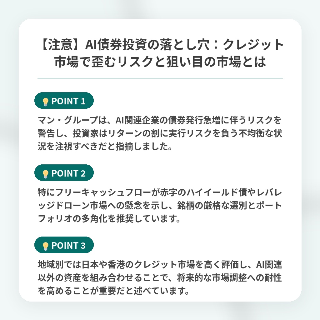 【注意】AI債券投資の落とし穴：クレジット市場で歪むリスクと狙い目の市場とはの注目ポイントまとめ