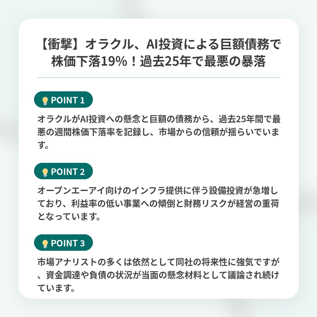 【衝撃】オラクル、AI投資による巨額債務で株価下落19％！過去25年で最悪の暴落の注目ポイントまとめ
