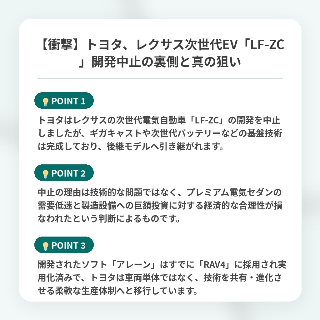 【衝撃】トヨタ、レクサス次世代EV「LF-ZC」開発中止の裏側と真の狙いの注目ポイントまとめ
