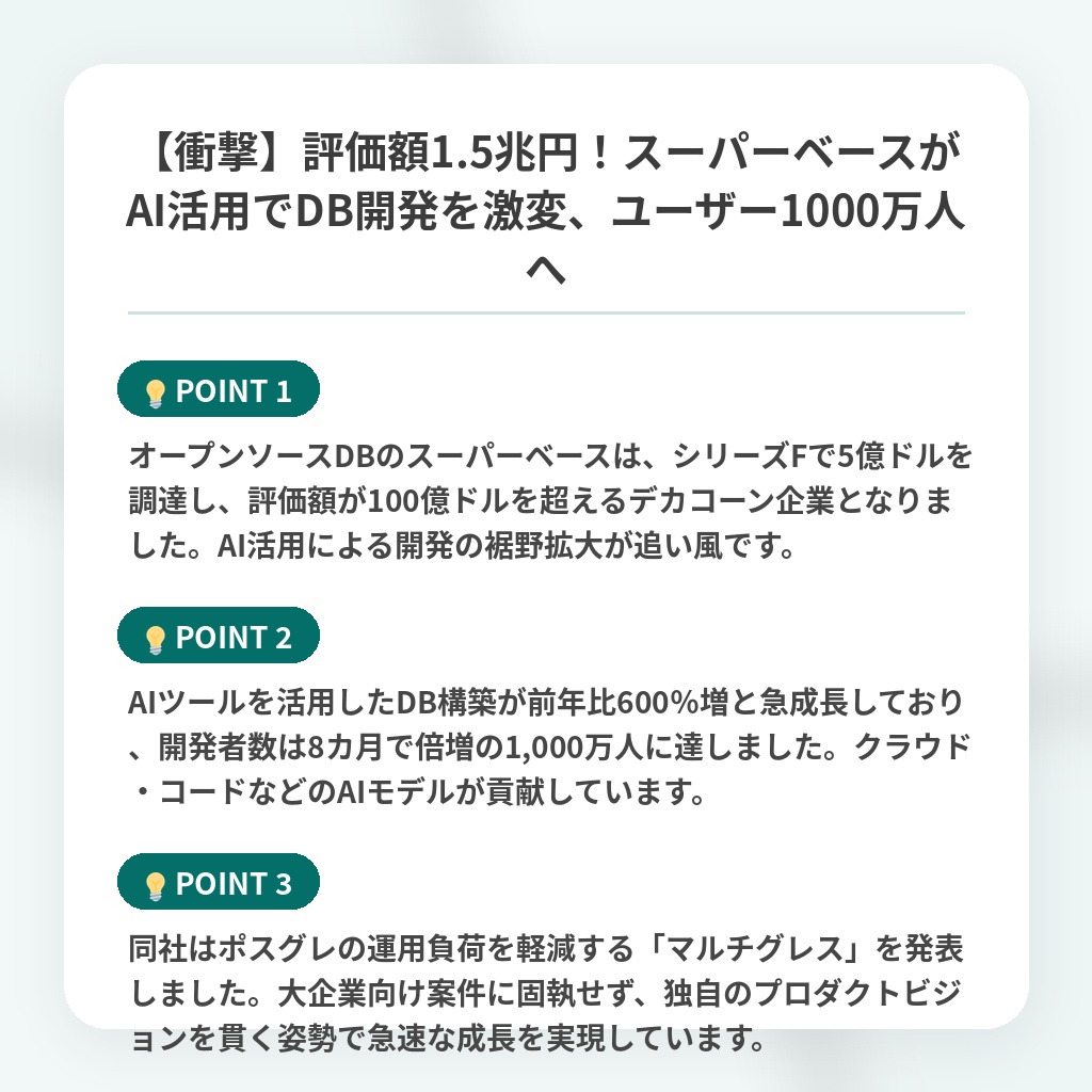 【衝撃】評価額1.5兆円！スーパーベースがAI活用でDB開発を激変、ユーザー1000万人への注目ポイントまとめ