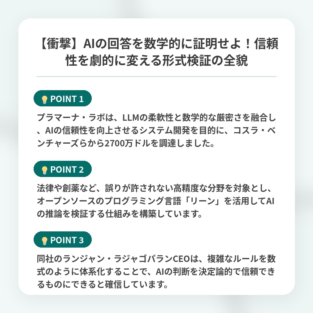 【衝撃】AIの回答を数学的に証明せよ!信頼性を劇的に変える形式検証の全貌の注目ポイントまとめ