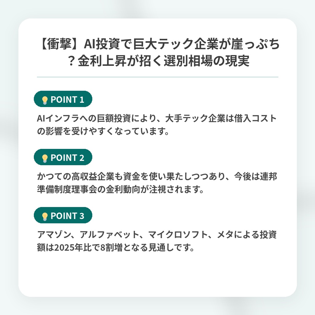 【衝撃】AI投資で巨大テック企業が崖っぷち?金利上昇が招く選別相場の現実の注目ポイントまとめ