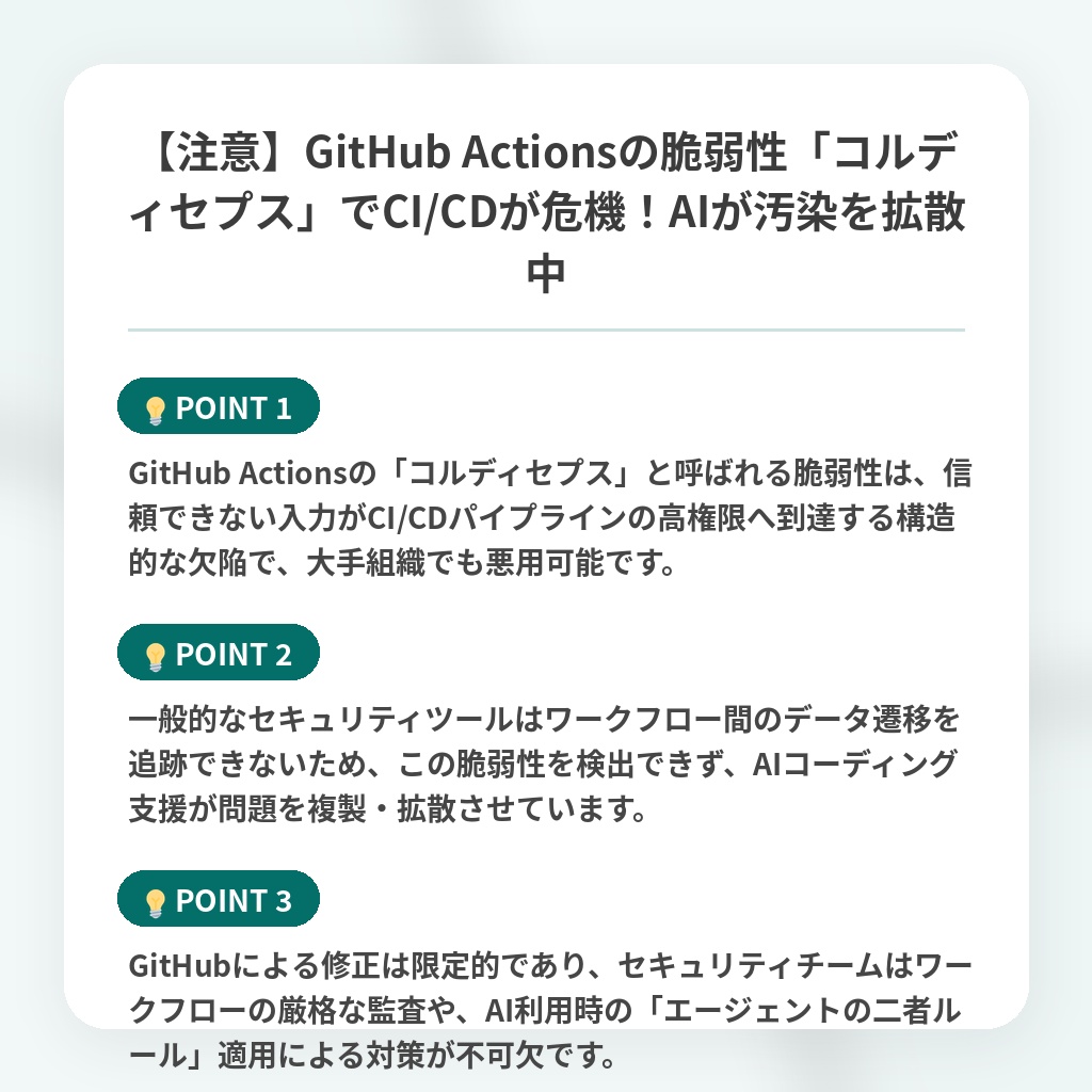 【注意】GitHub Actionsの脆弱性「コルディセプス」でCI/CDが危機！AIが汚染を拡散中の注目ポイントまとめ