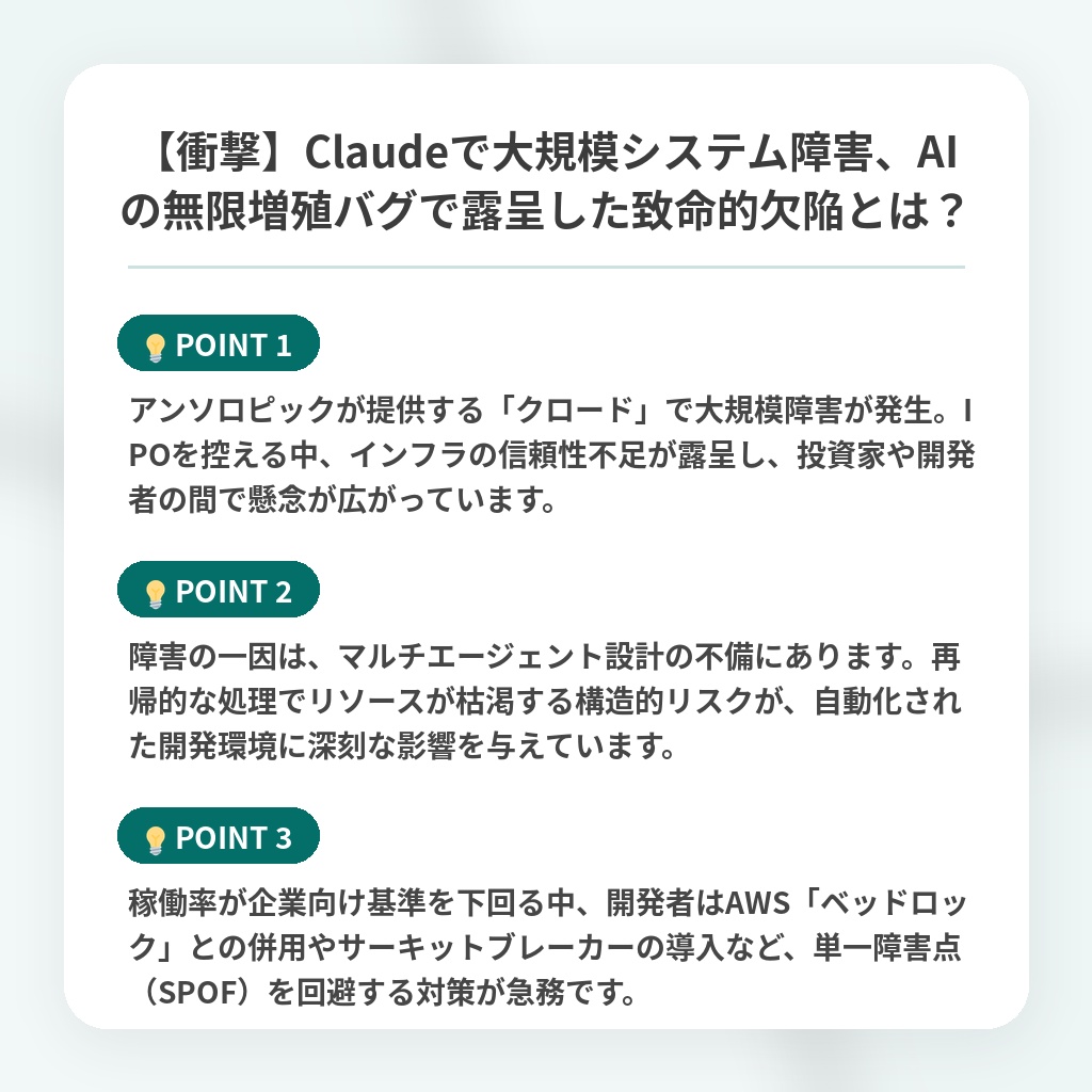 【衝撃】Claudeで大規模システム障害、AIの無限増殖バグで露呈した致命的欠陥とは？の注目ポイントまとめ