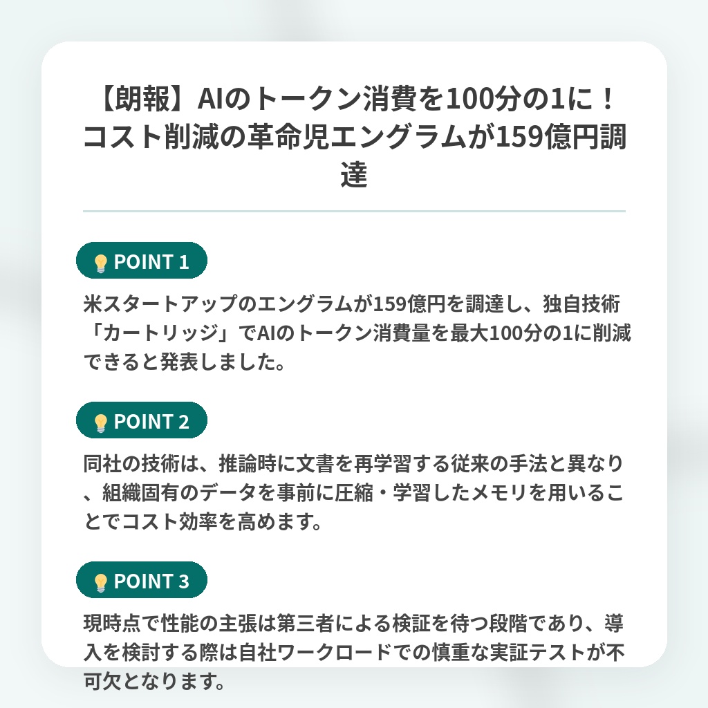 【朗報】AIのトークン消費を100分の1に！コスト削減の革命児エングラムが159億円調達の注目ポイントまとめ