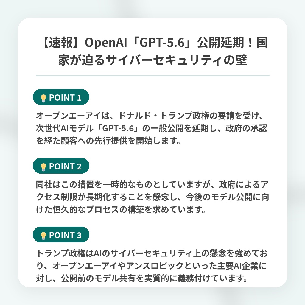 【速報】OpenAI「GPT-5.6」公開延期！国家が迫るサイバーセキュリティの壁の注目ポイントまとめ