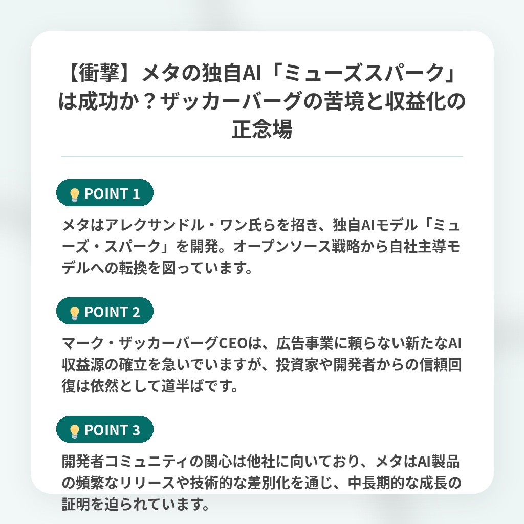 【衝撃】メタの独自AI「ミューズスパーク」は成功か？ザッカーバーグの苦境と収益化の正念場の注目ポイントまとめ