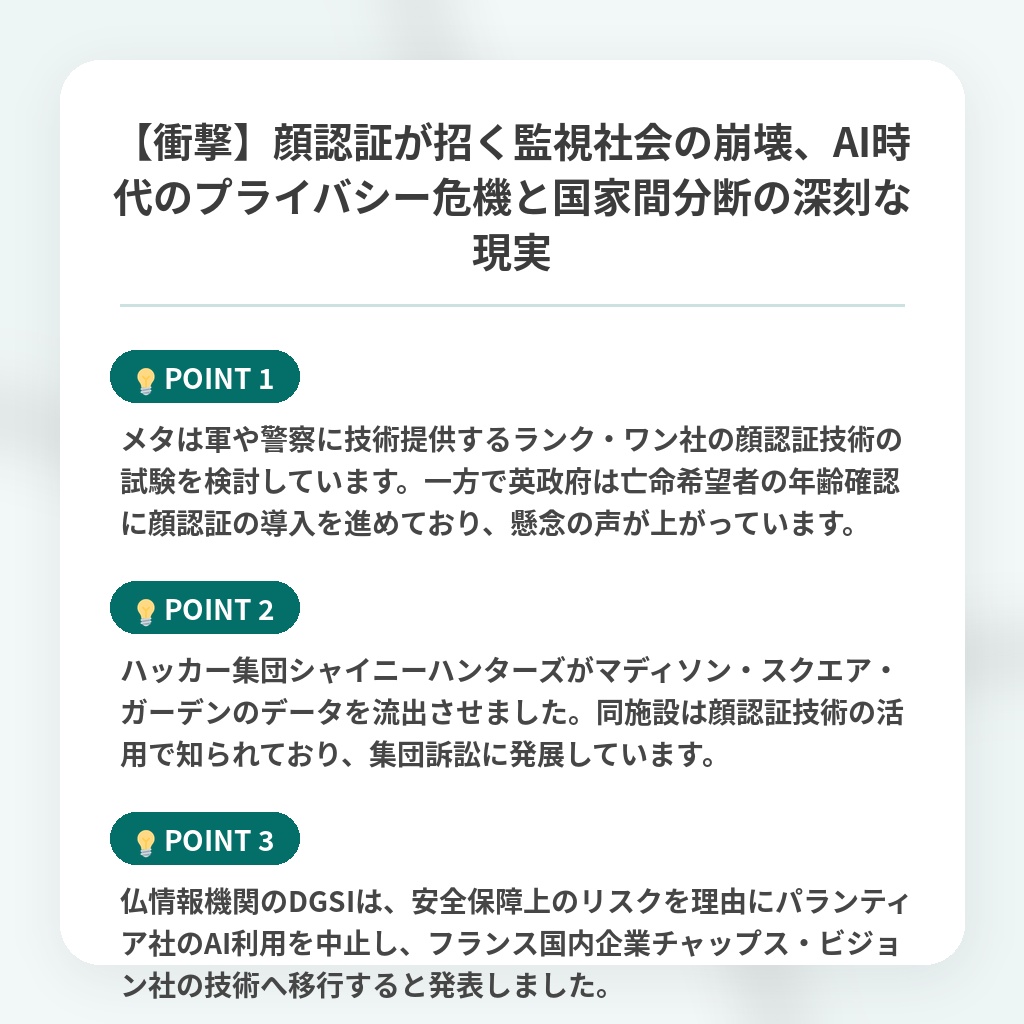 【衝撃】顔認証が招く監視社会の崩壊、AI時代のプライバシー危機と国家間分断の深刻な現実の注目ポイントまとめ