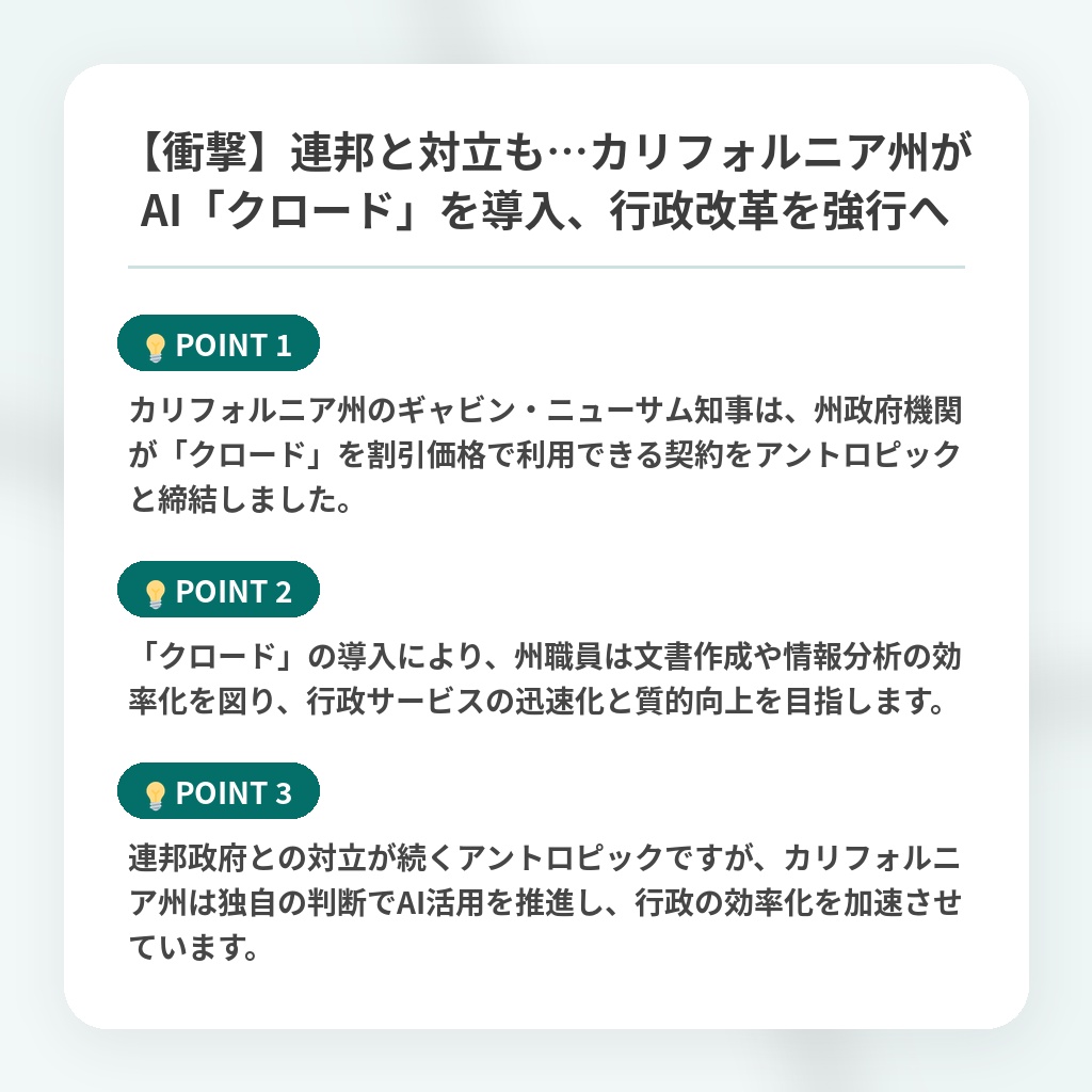 【衝撃】連邦と対立も…カリフォルニア州がAI「クロード」を導入、行政改革を強行への注目ポイントまとめ