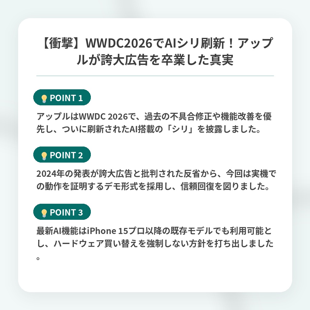 【衝撃】WWDC2026でAIシリ刷新!アップルが誇大広告を卒業した真実の注目ポイントまとめ