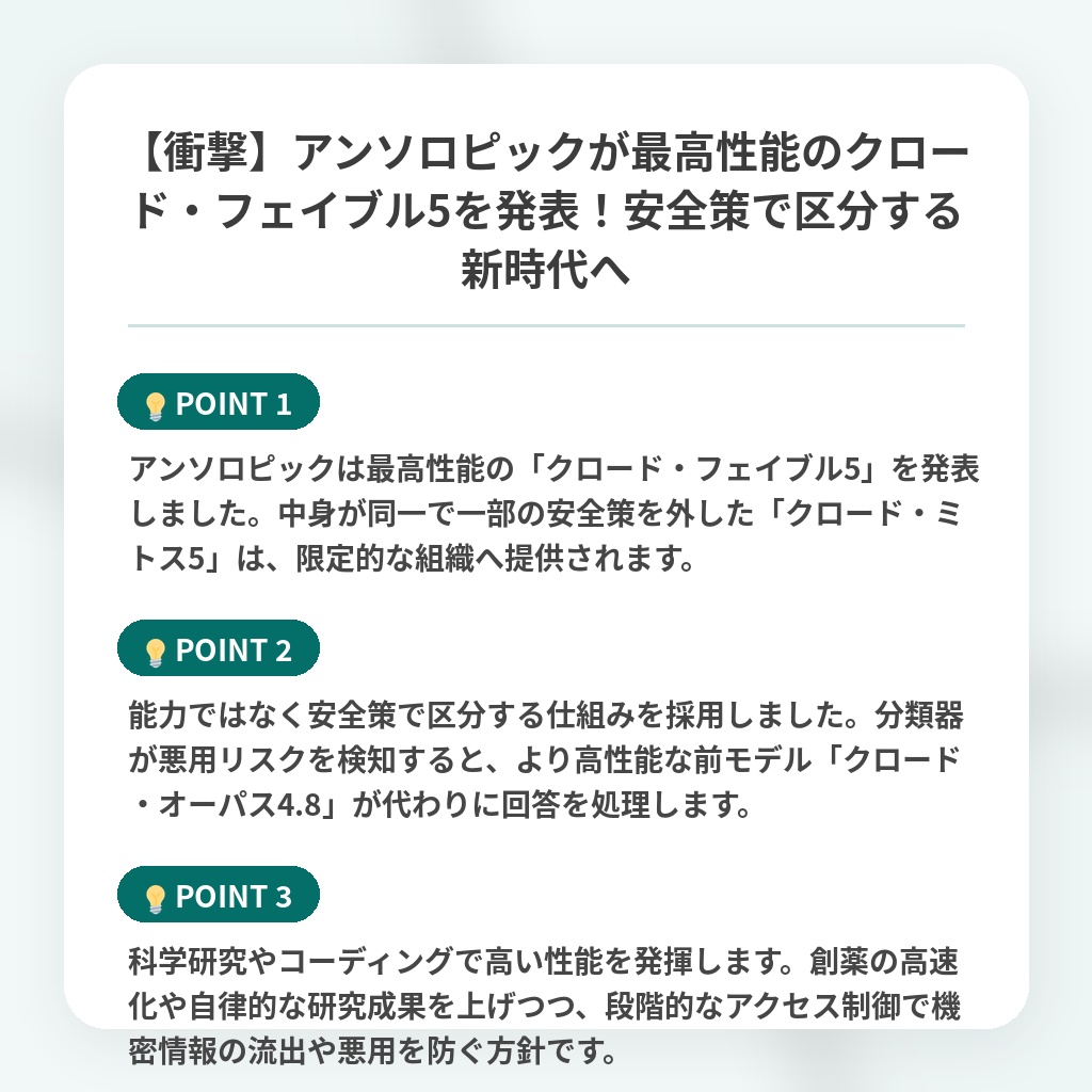 【衝撃】アンソロピックが最高性能のクロード・フェイブル5を発表！安全策で区分する新時代への注目ポイントまとめ