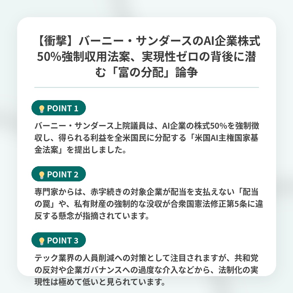 【衝撃】バーニー・サンダースのAI企業株式50%強制収用法案、実現性ゼロの背後に潜む「富の分配」論争の注目ポイントまとめ