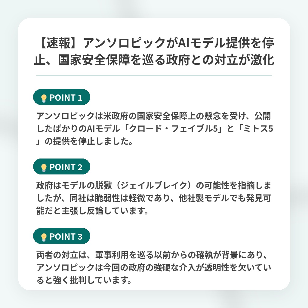 【速報】アンソロピックがAIモデル提供を停止、国家安全保障を巡る政府との対立が激化の注目ポイントまとめ