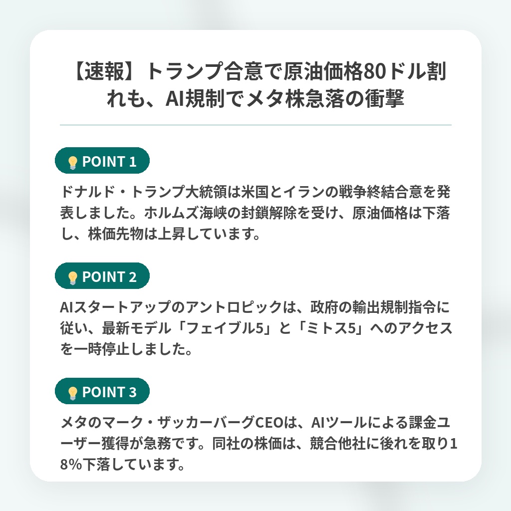 【速報】トランプ合意で原油価格80ドル割れも、AI規制でメタ株急落の衝撃の注目ポイントまとめ