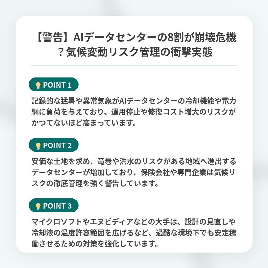 【警告】AIデータセンターの8割が崩壊危機？気候変動リスク管理の衝撃実態の注目ポイントまとめ