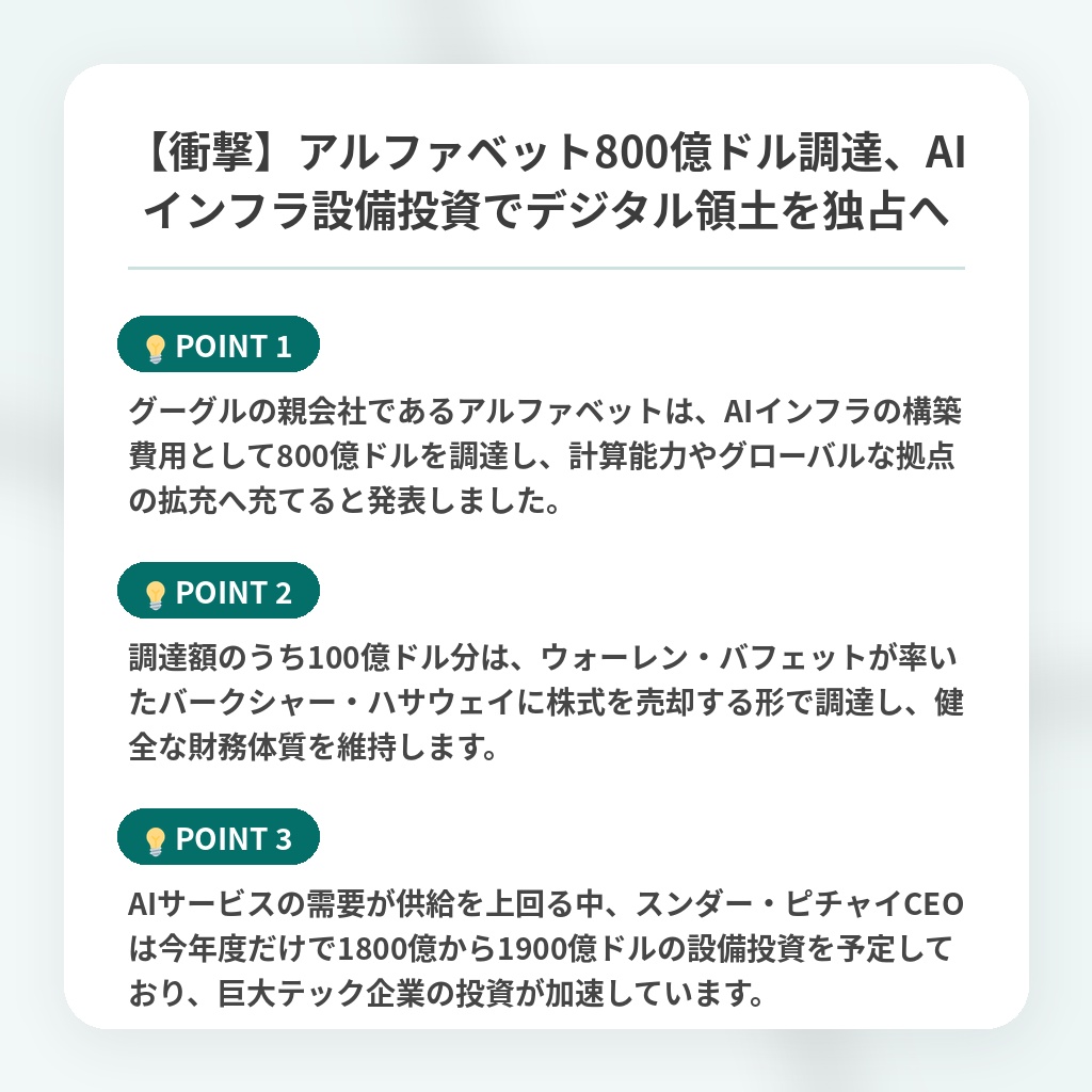 【衝撃】アルファベット800億ドル調達、AIインフラ設備投資でデジタル領土を独占への注目ポイントまとめ