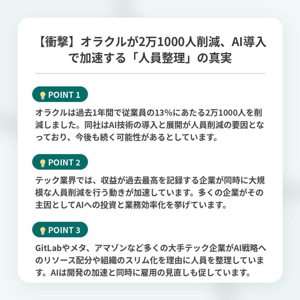【衝撃】オラクルが2万1000人削減、AI導入で加速する「人員整理」の真実の注目ポイントまとめ