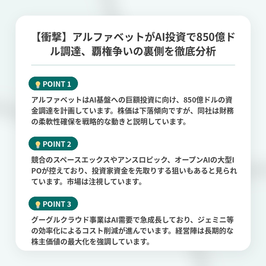 【衝撃】アルファベットがAI投資で850億ドル調達、覇権争いの裏側を徹底分析の注目ポイントまとめ