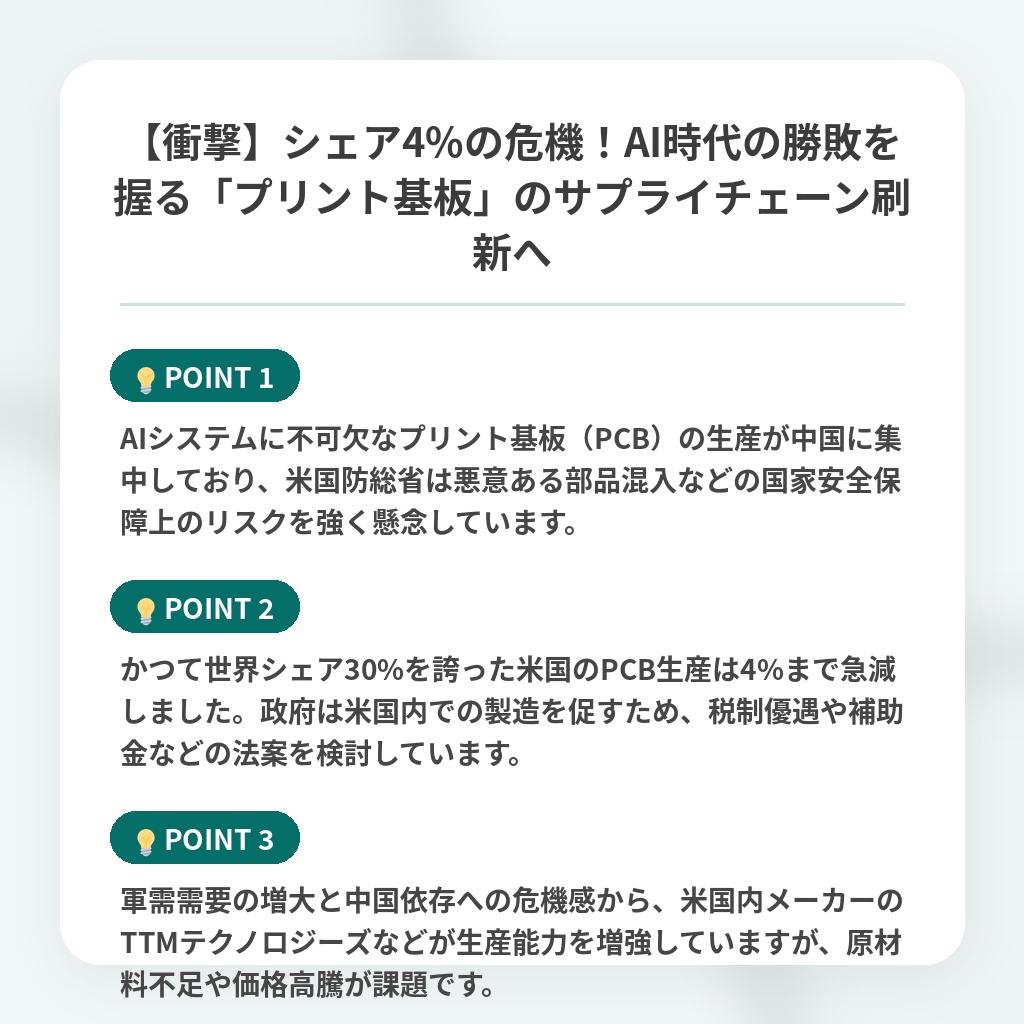 【衝撃】シェア4%の危機！AI時代の勝敗を握る「プリント基板」のサプライチェーン刷新への注目ポイントまとめ