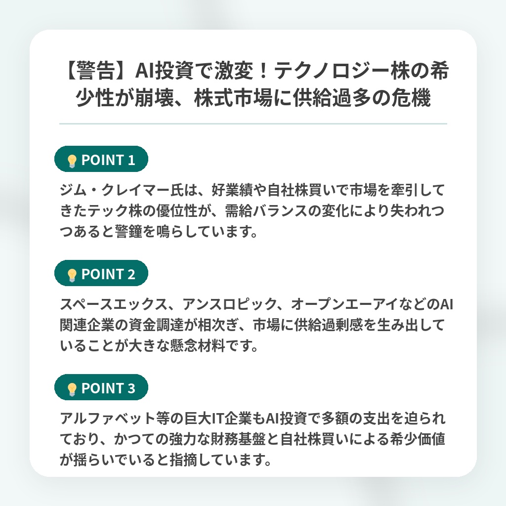 【警告】AI投資で激変!テクノロジー株の希少性が崩壊、株式市場に供給過多の危機の注目ポイントまとめ