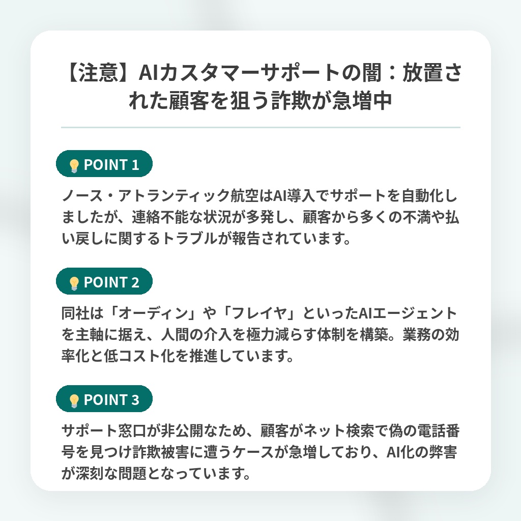 【注意】AIカスタマーサポートの闇:放置された顧客を狙う詐欺が急増中の注目ポイントまとめ