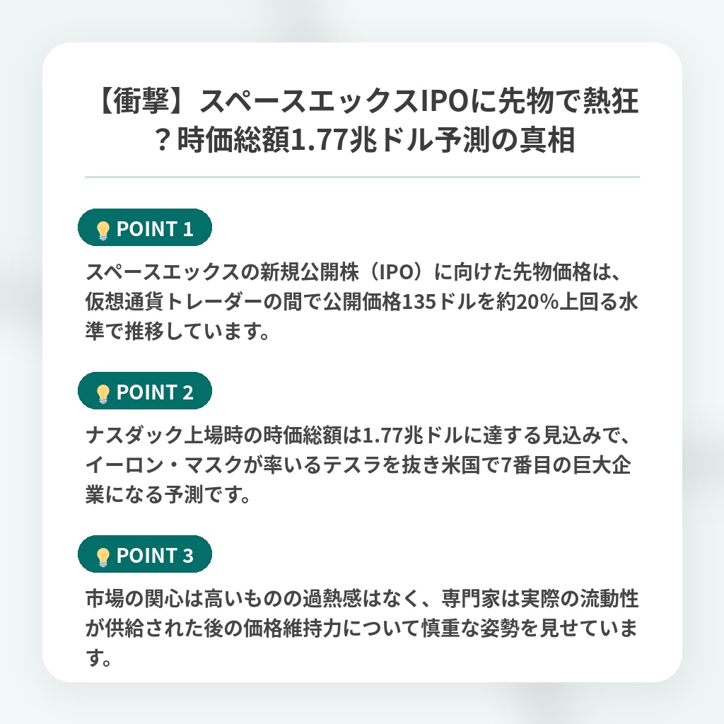 【衝撃】スペースエックスIPOに先物で熱狂？時価総額1.77兆ドル予測の真相の注目ポイントまとめ
