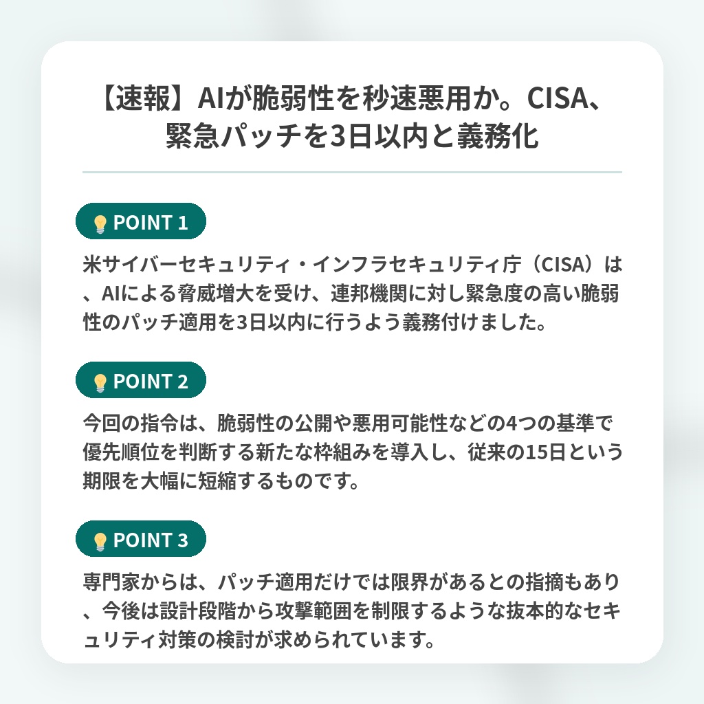 【速報】AIが脆弱性を秒速悪用か。CISA、緊急パッチを3日以内と義務化の注目ポイントまとめ