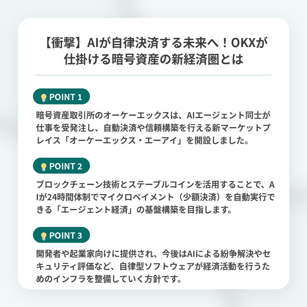 【衝撃】AIが自律決済する未来へ！OKXが仕掛ける暗号資産の新経済圏とはの注目ポイントまとめ