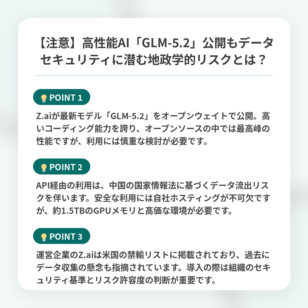 【注意】高性能AI「GLM-5.2」公開もデータセキュリティに潜む地政学的リスクとは?の注目ポイントまとめ