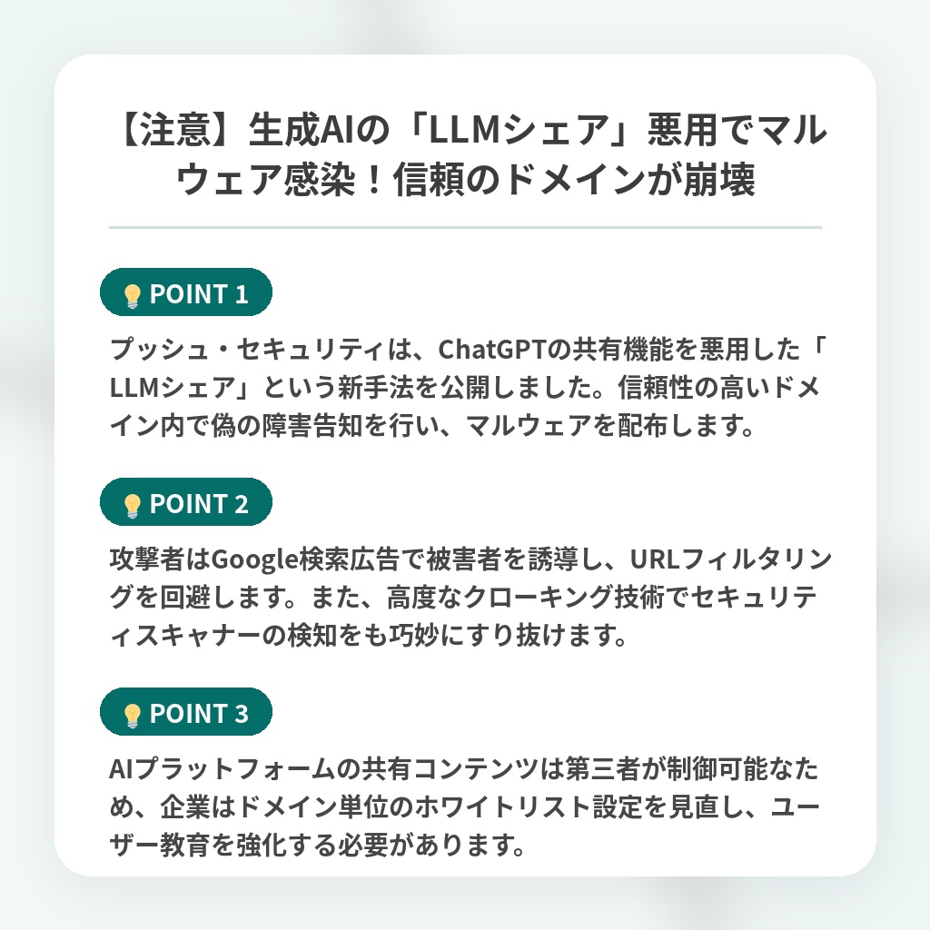 【注意】生成AIの「LLMシェア」悪用でマルウェア感染!信頼のドメインが崩壊の注目ポイントまとめ